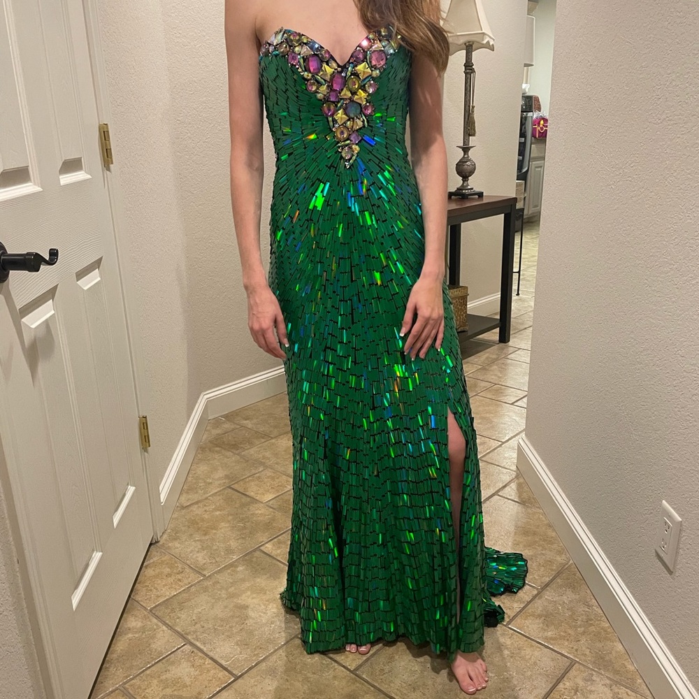 Green long sequined strapless Claudine dress